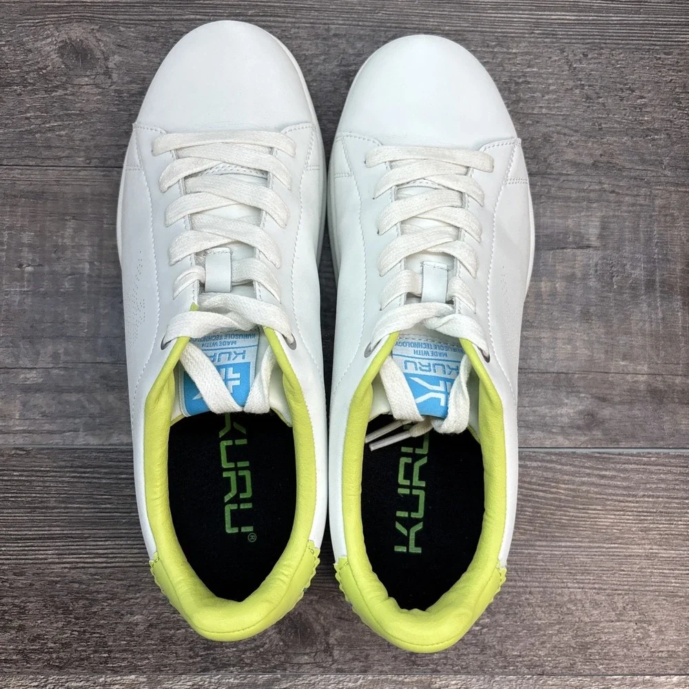 KURU Roam Women's 9 Classic Court Sneaker Leather‎ Shoe Bright White-Pale Lime